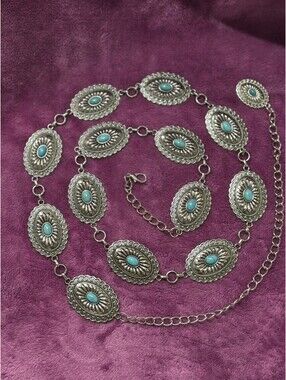 Western-style silver-tone oval concho chain belt turquoise stone medallions 58"